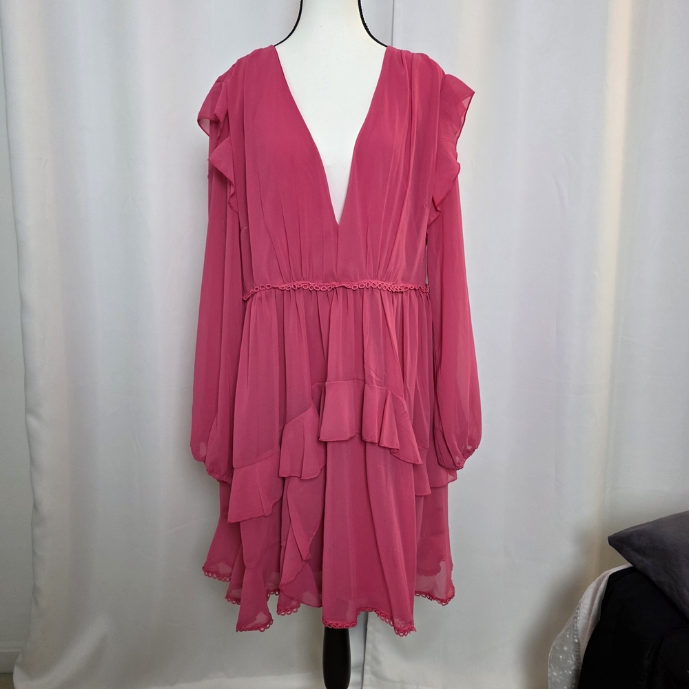 Boohoo Fuchsia Long Sleeve Ruffle Dress